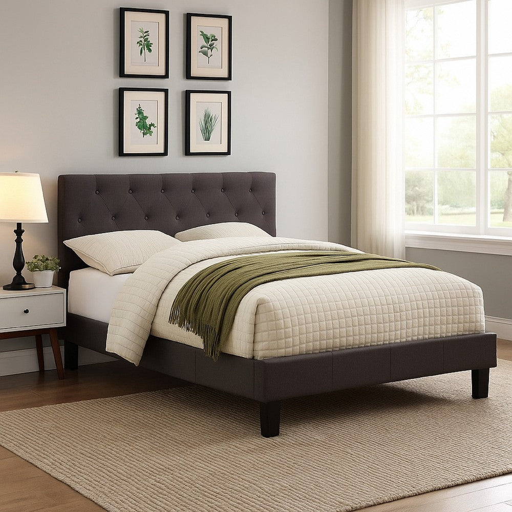 Rely Full Size Bed w Button Tufted Headboard, Gray Linen Upholstery - BM342463