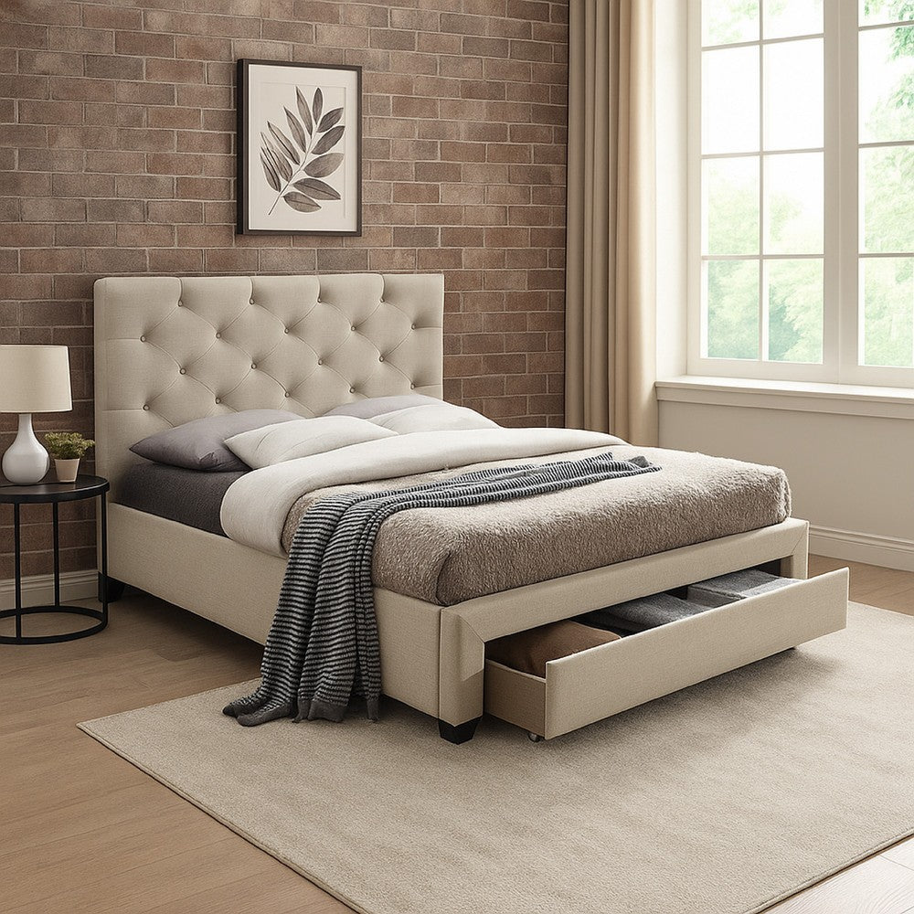 Sya Full Size Bed w Button Tufted Upholstery, Underbed Storage, Beige  - BM342465