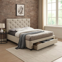 Sya Full Size Bed w Button Tufted Upholstery, Underbed Storage, Beige  - BM342465
