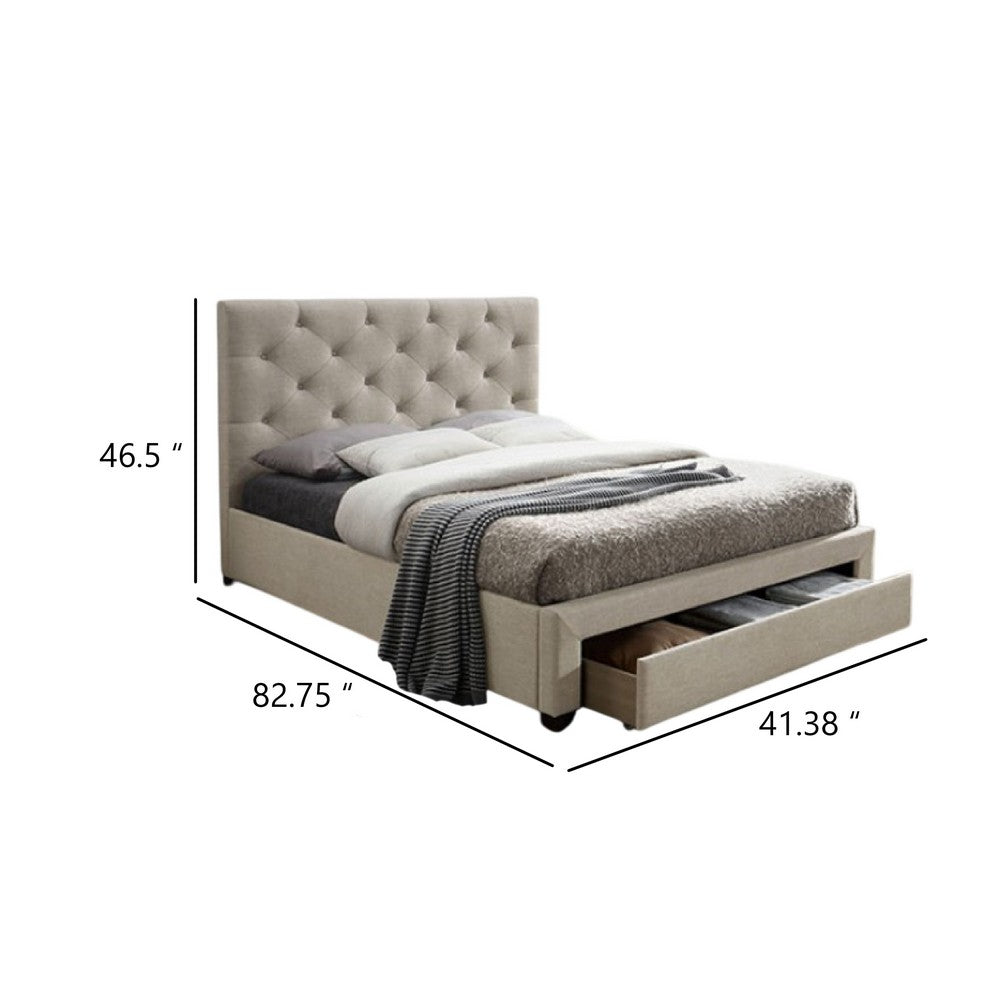 Sya Twin Size Bed w Button Tufted Upholstery, Underbed Storage, Beige  - BM342467