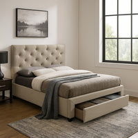 Sya Twin Size Bed w Button Tufted Upholstery, Underbed Storage, Beige  - BM342467