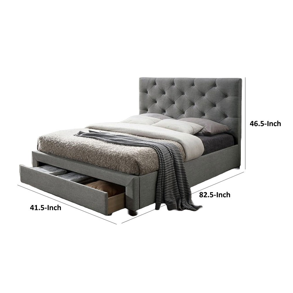 Sya Twin Size Bed w Button Tufted Upholstery, Underbed Storage, Gray  - BM342475