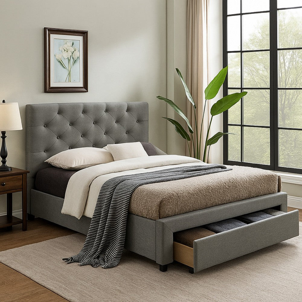 Sya Twin Size Bed w Button Tufted Upholstery, Underbed Storage, Gray  - BM342475