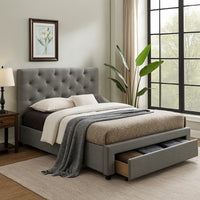 Sya Twin Size Bed w Button Tufted Upholstery, Underbed Storage, Gray  - BM342475