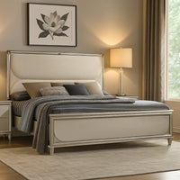 Zema Queen Bed, Upholstered Headboard w LED, Silver Wood, Acrylic Legs - BM342492