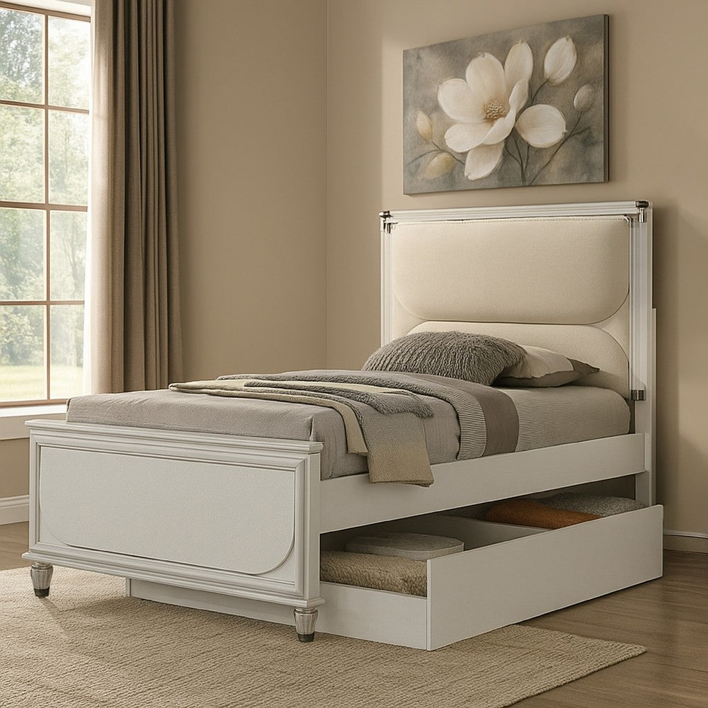 Dima Full Bed, Upholstered Headboard w LED, Pearl White, Clear Legs - BM342493