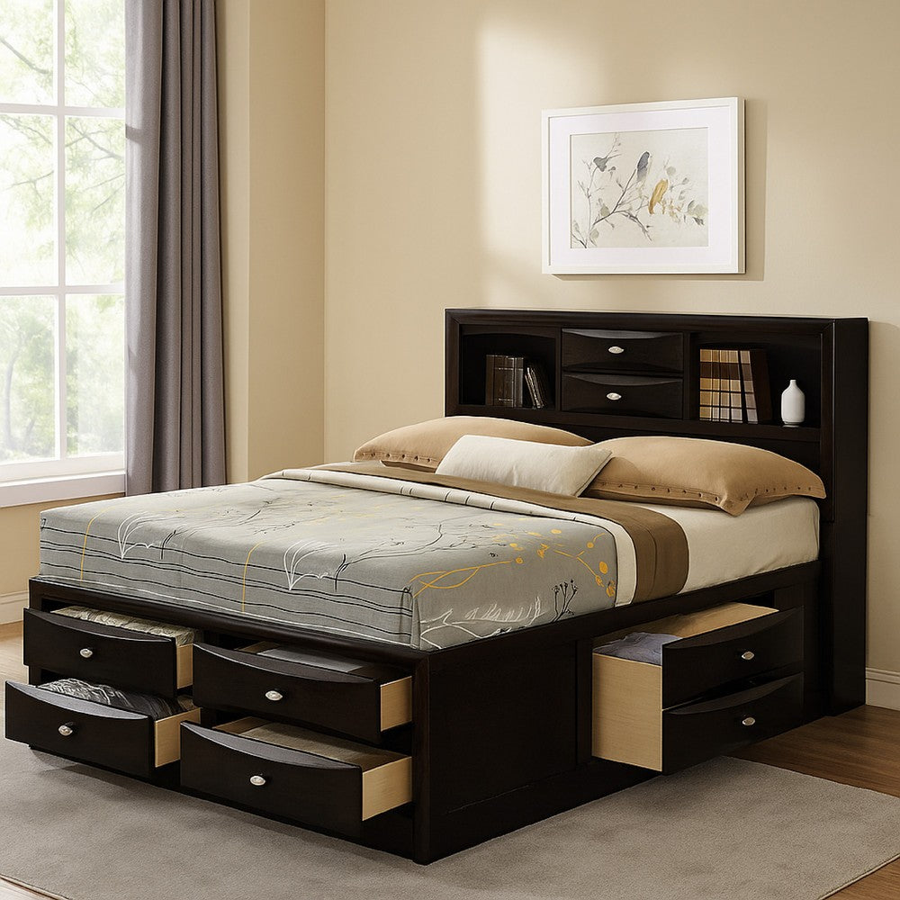 Simo Full Bed, Bookcase Headboard, Storage Drawers, Black - BM342496