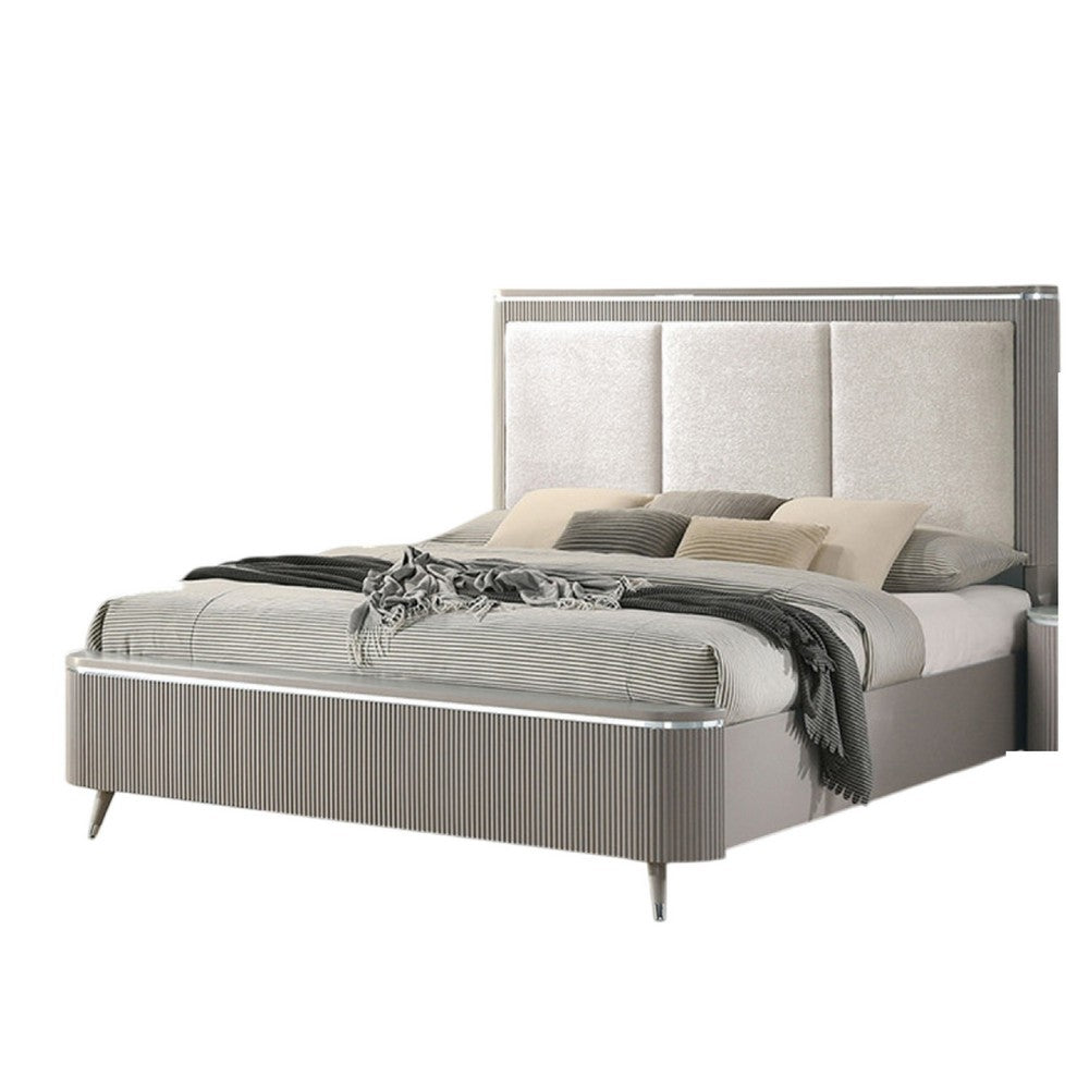 Gema Queen Bed, Channeled Upholstery, Reeded w Silver Line, Light Gray  - BM342501