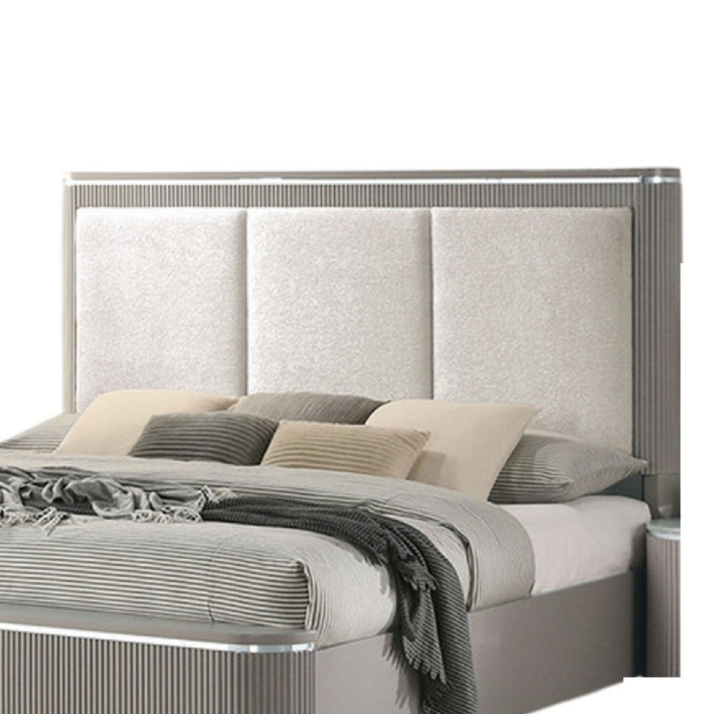 Gema Queen Bed, Channeled Upholstery, Reeded w Silver Line, Light Gray  - BM342501