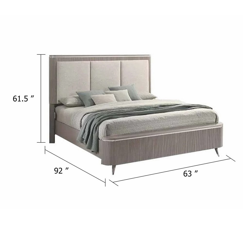 Gema Queen Bed, Channeled Upholstery, Reeded w Silver Line, Light Gray  - BM342501