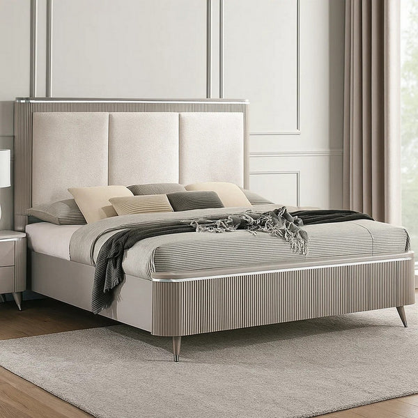 Gema Queen Bed, Channeled Upholstery, Reeded w Silver Line, Light Gray  - BM342501