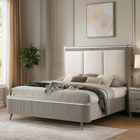 Gema Queen Bed, Channeled Upholstery, Reeded w Silver Line, Light Gray  - BM342501