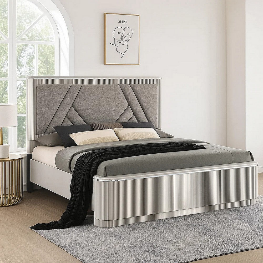 Alda Queen Bed, Upholstered Geometric Headboard, Light Gray Reeded Wood - BM342503