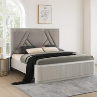 Alda Queen Bed, Upholstered Geometric Headboard, Light Gray Reeded Wood - BM342503