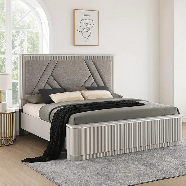 Alda Queen Bed, Upholstered Geometric Headboard, Light Gray Reeded Wood - BM342503