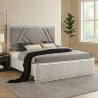Alda Queen Bed, Upholstered Geometric Headboard, Light Gray Reeded Wood - BM342503