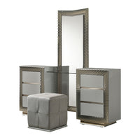 Vino 3pc Vanity Dressing Table Set w Stool, Gray, Satin Fabric, Rubberwood - BM342508