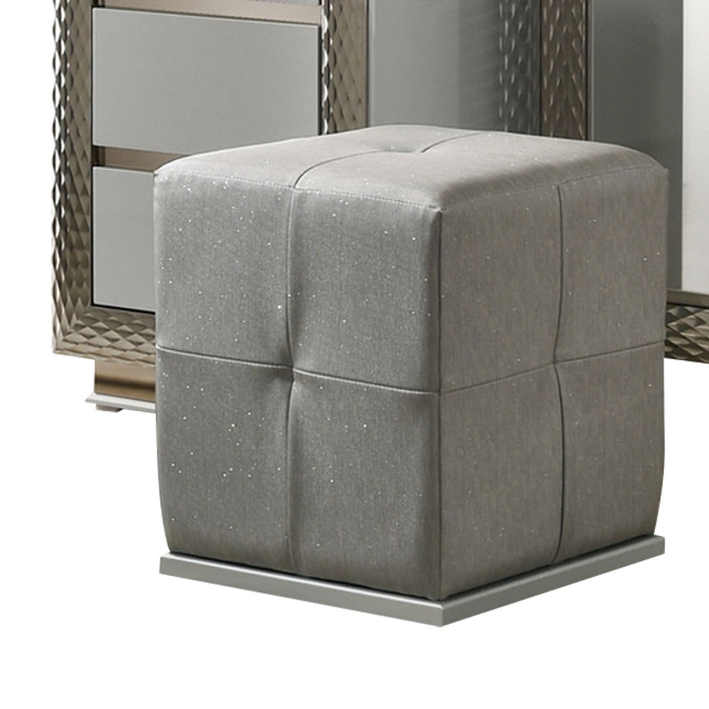 Vino 3pc Vanity Dressing Table Set w Stool, Gray, Satin Fabric, Rubberwood - BM342508
