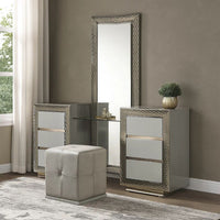 Vino 3pc Vanity Dressing Table Set w Stool, Gray, Satin Fabric, Rubberwood - BM342508