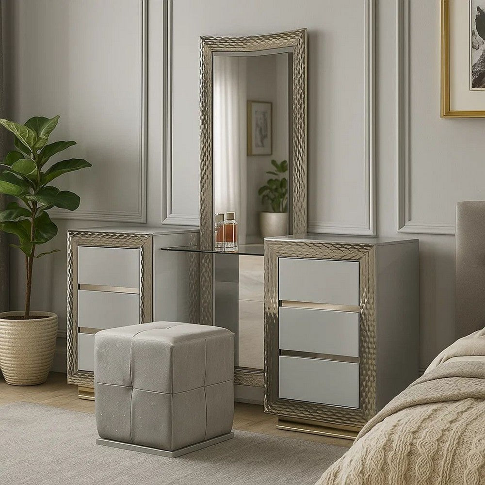 Vino 3pc Vanity Dressing Table Set w Stool, Gray, Satin Fabric, Rubberwood - BM342508