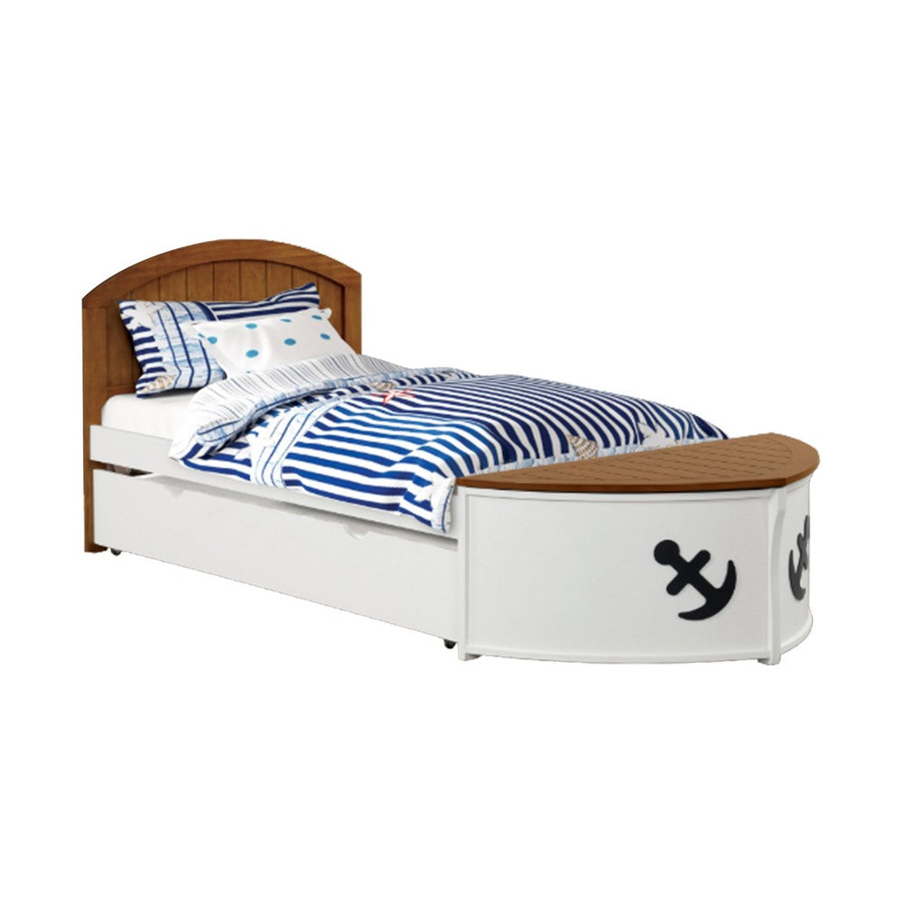 Evon Twin Captain Bed w Trundle, White, Oak Brown, Nautical Coastal Theme - BM342532