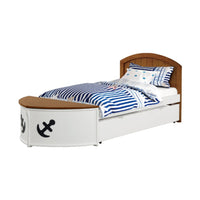 Evon Twin Captain Bed w Trundle, White, Oak Brown, Nautical Coastal Theme - BM342532