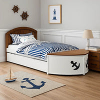 Evon Twin Captain Bed w Trundle, White, Oak Brown, Nautical Coastal Theme - BM342532