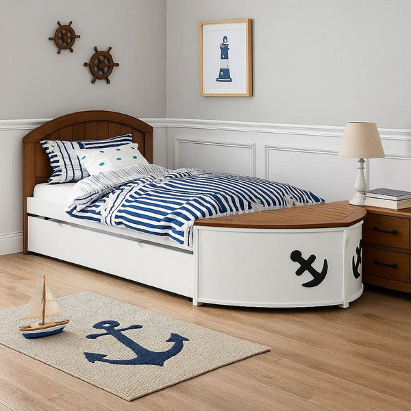 Evon Twin Captain Bed w Trundle, White, Oak Brown, Nautical Coastal Theme - BM342532