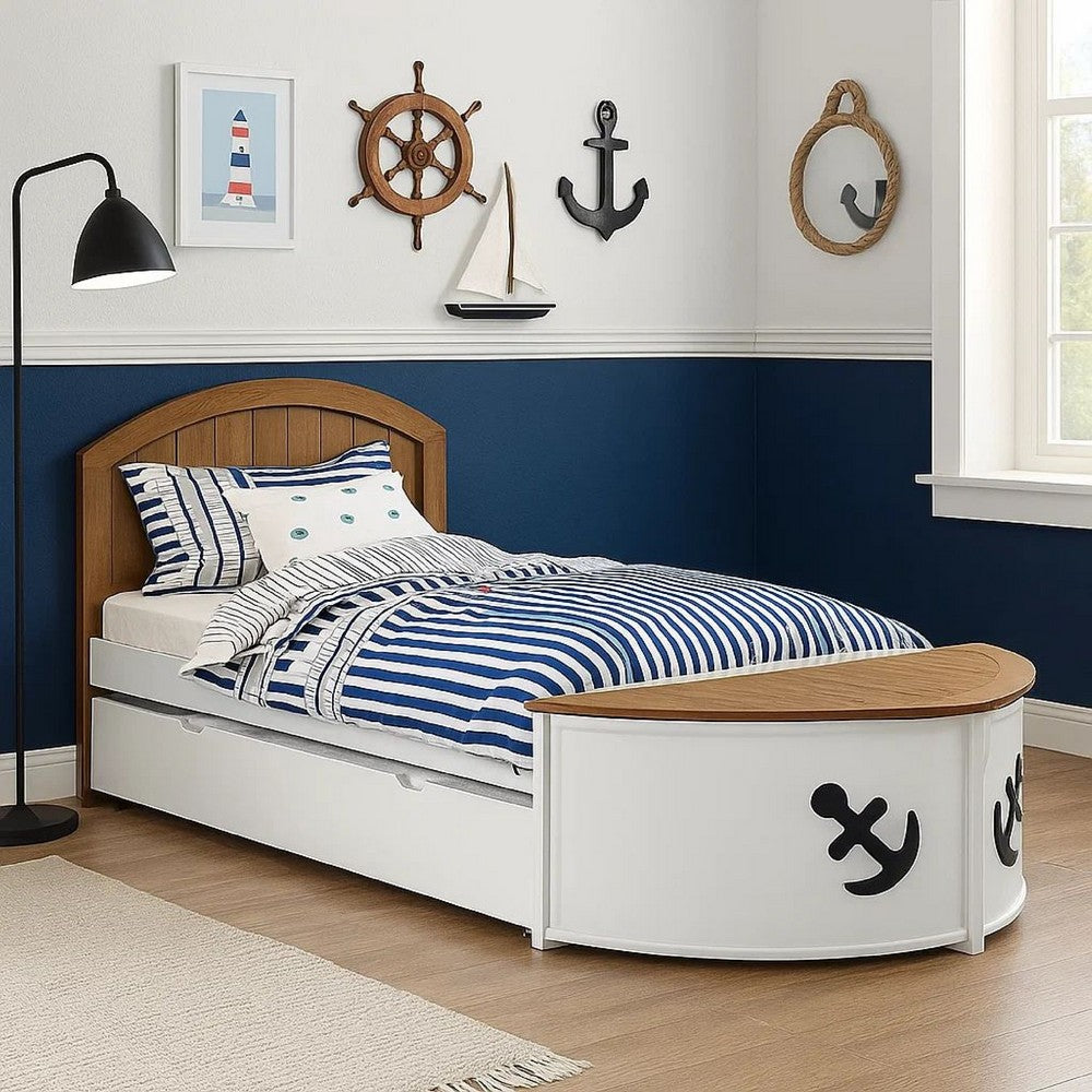 Evon Twin Captain Bed w Trundle, White, Oak Brown, Nautical Coastal Theme - BM342532