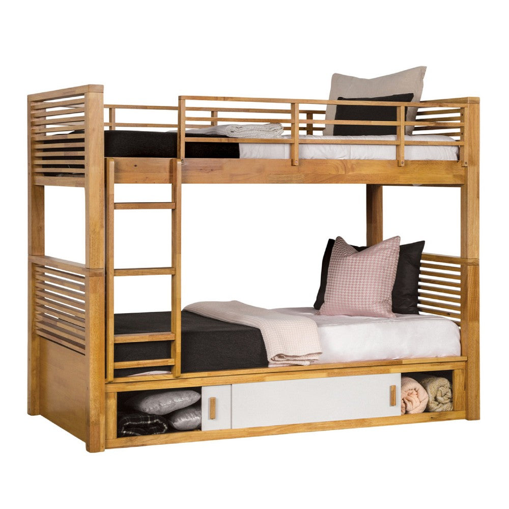 Dilu Twin over Twin Bunk Bed, Light Oak Brown Hardwood, Reversible Ladder - BM342535