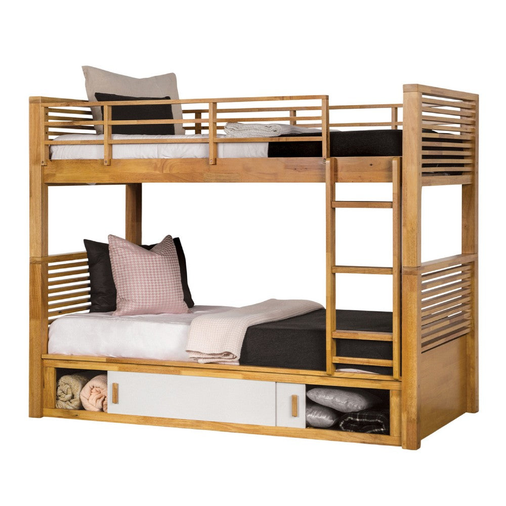 Dilu Twin over Twin Bunk Bed, Light Oak Brown Hardwood, Reversible Ladder - BM342535
