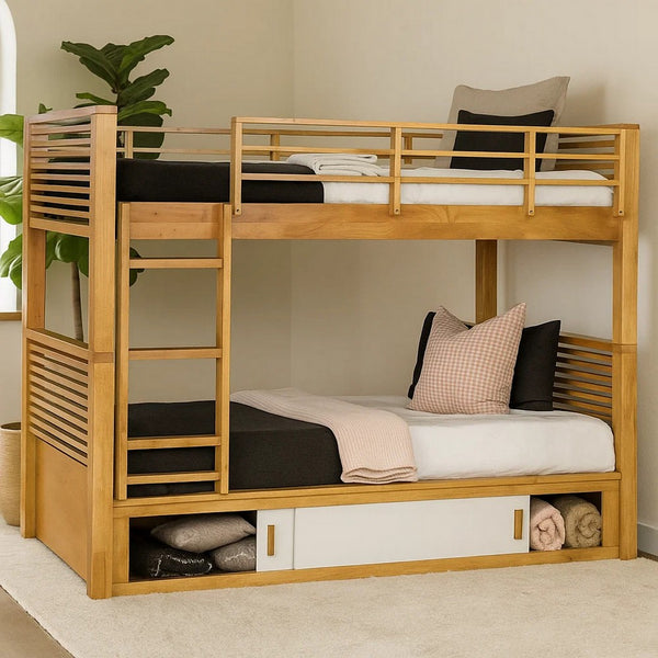 Dilu Twin over Twin Bunk Bed, Light Oak Brown Hardwood, Reversible Ladder - BM342535