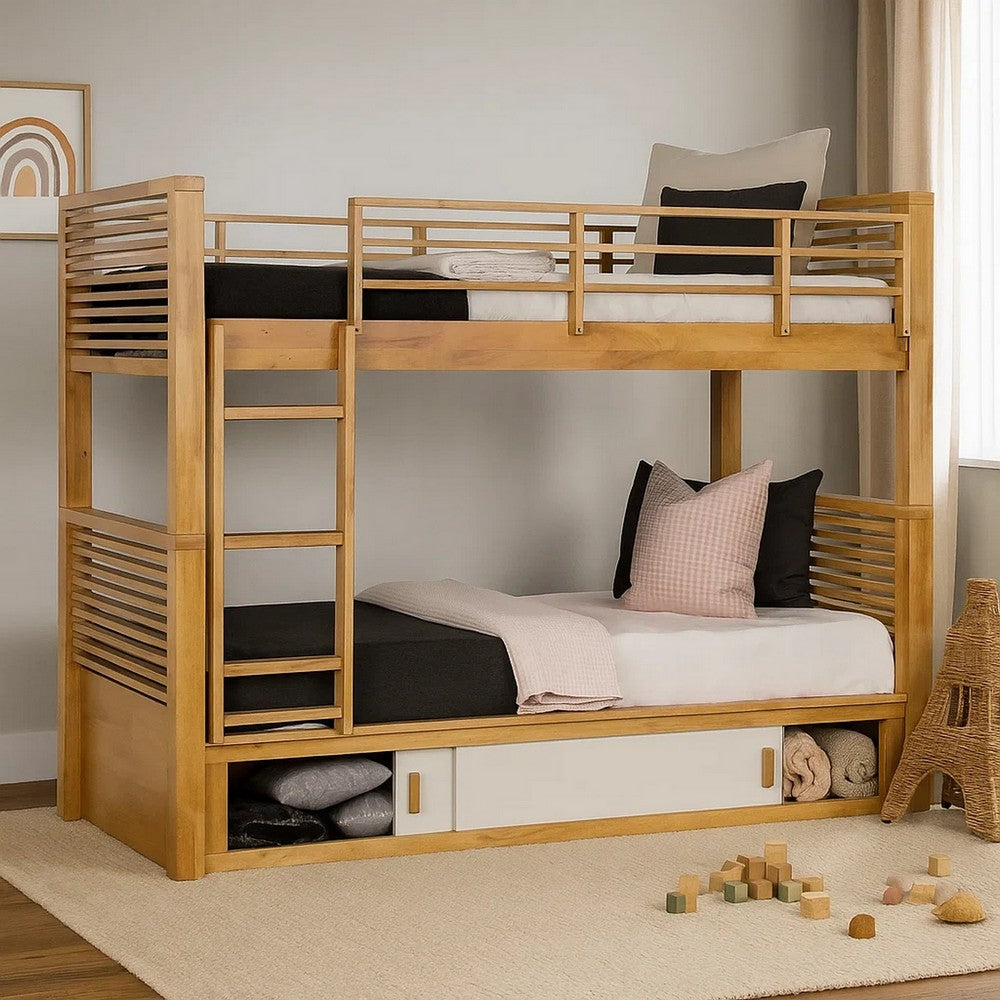 Dilu Twin over Twin Bunk Bed, Light Oak Brown Hardwood, Reversible Ladder - BM342535
