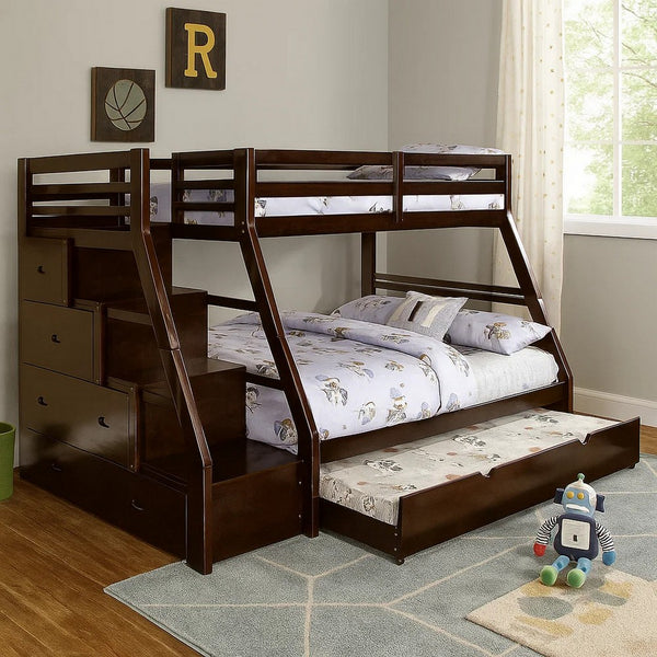 Ellon Twin over Full Bunk Bed, Trundle, Espresso Brown Wood, Drawers - BM342537