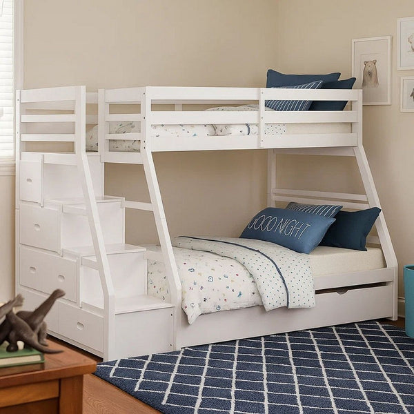 Ellon Twin over Full Bunk Bed, White Solid Wood, Storage Drawers - BM342538