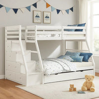 Ellon Twin over Full Bunk Bed, Trundle, White Wood, Storage Drawers - BM342539
