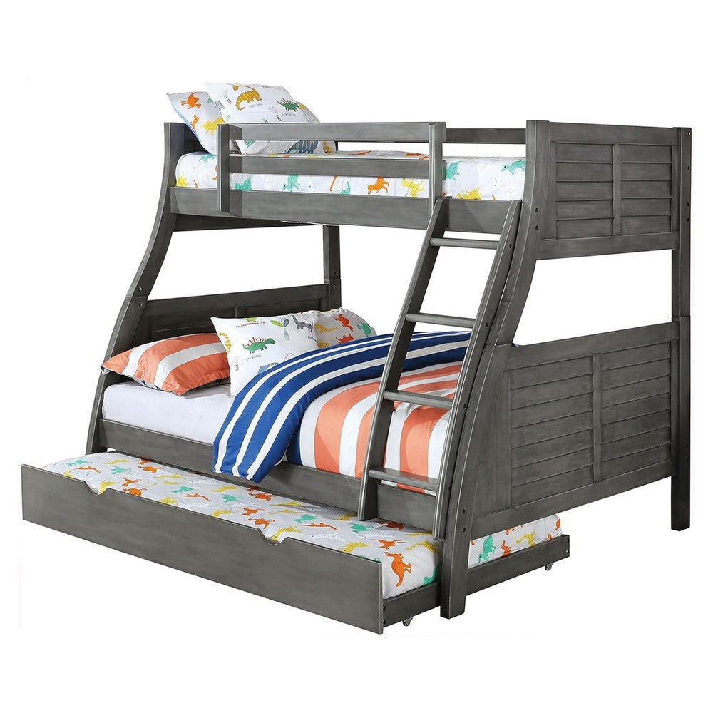 Hedy Twin/Full Bunk Bed with Trundle, Antique Gray Solid Wood Frame - BM342557