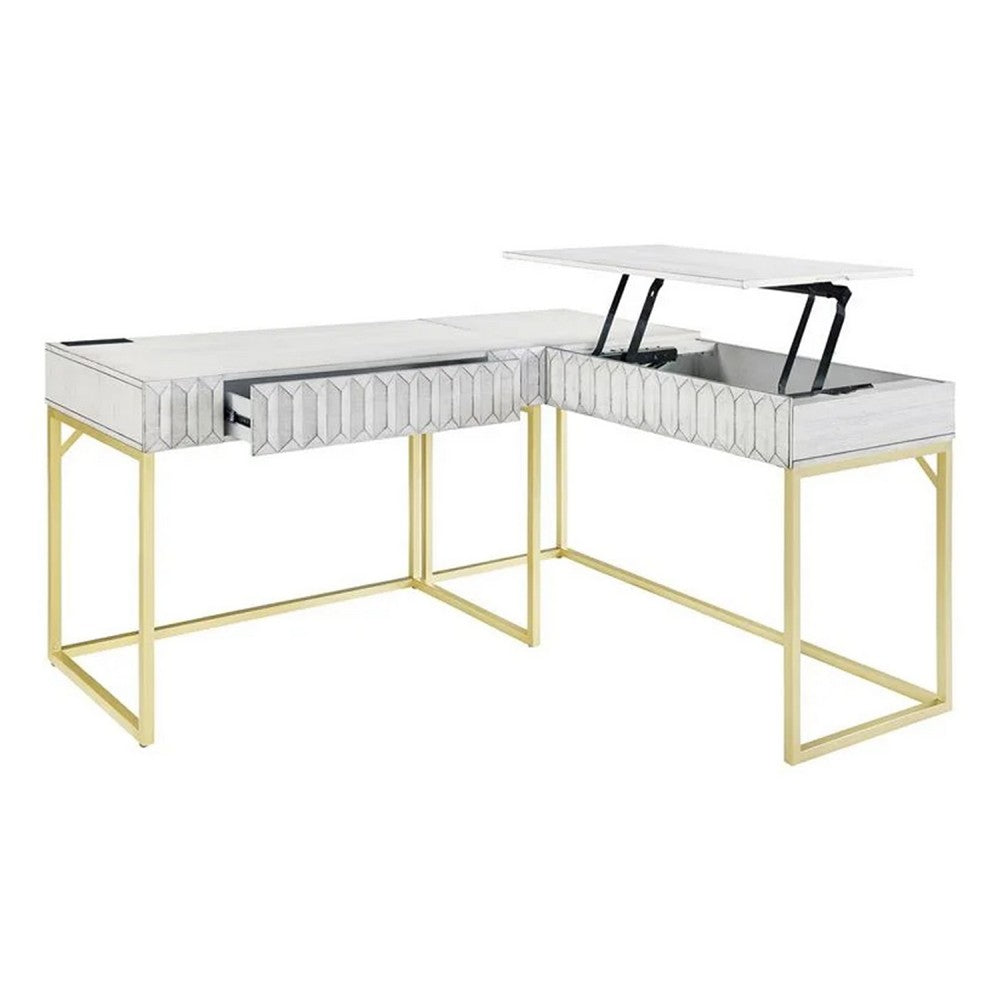 Fredie Corner Desk with Lift-Top USB Port, Gold Frame, Antique White - BM342558