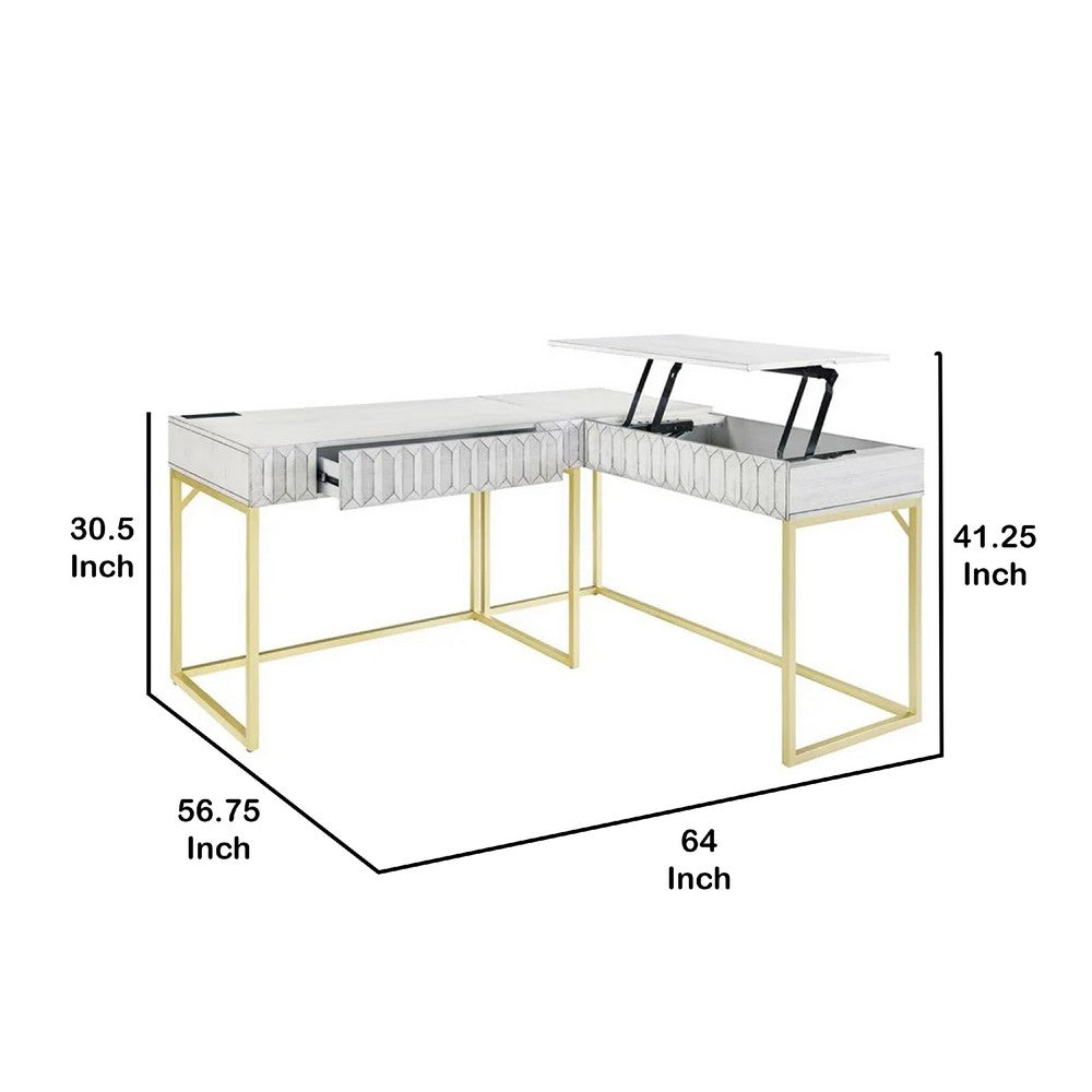 Fredie Corner Desk with Lift-Top USB Port, Gold Frame, Antique White - BM342558