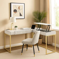 Fredie Corner Desk with Lift-Top USB Port, Gold Frame, Antique White - BM342558