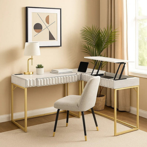 Fredie Corner Desk with Lift-Top USB Port, Gold Frame, Antique White - BM342558