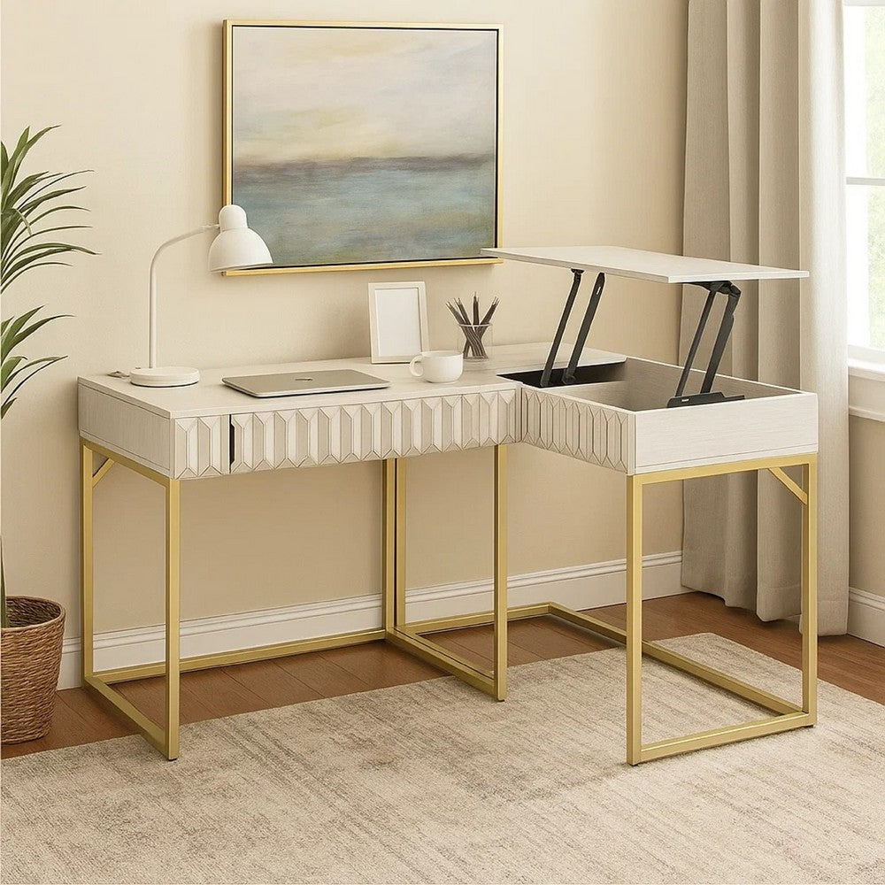Fredie Corner Desk with Lift-Top USB Port, Gold Frame, Antique White - BM342558