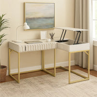 Fredie Corner Desk with Lift-Top USB Port, Gold Frame, Antique White - BM342558