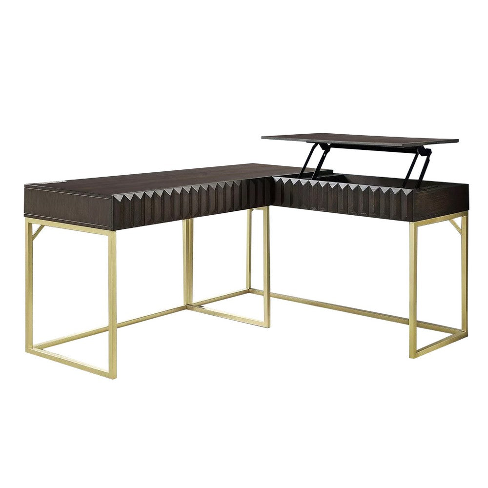 Fredie Corner Desk with Lift-Top USB Port, Gold Frame, Walnut Brown - BM342559