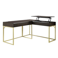 Fredie Corner Desk with Lift-Top USB Port, Gold Frame, Walnut Brown - BM342559