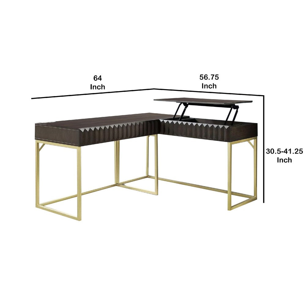Fredie Corner Desk with Lift-Top USB Port, Gold Frame, Walnut Brown - BM342559