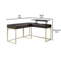 Fredie Corner Desk with Lift-Top USB Port, Gold Frame, Walnut Brown - BM342559