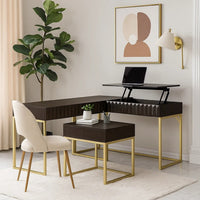 Fredie Corner Desk with Lift-Top USB Port, Gold Frame, Walnut Brown - BM342559