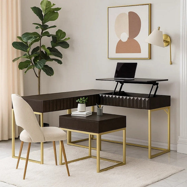 Fredie Corner Desk with Lift-Top USB Port, Gold Frame, Walnut Brown - BM342559