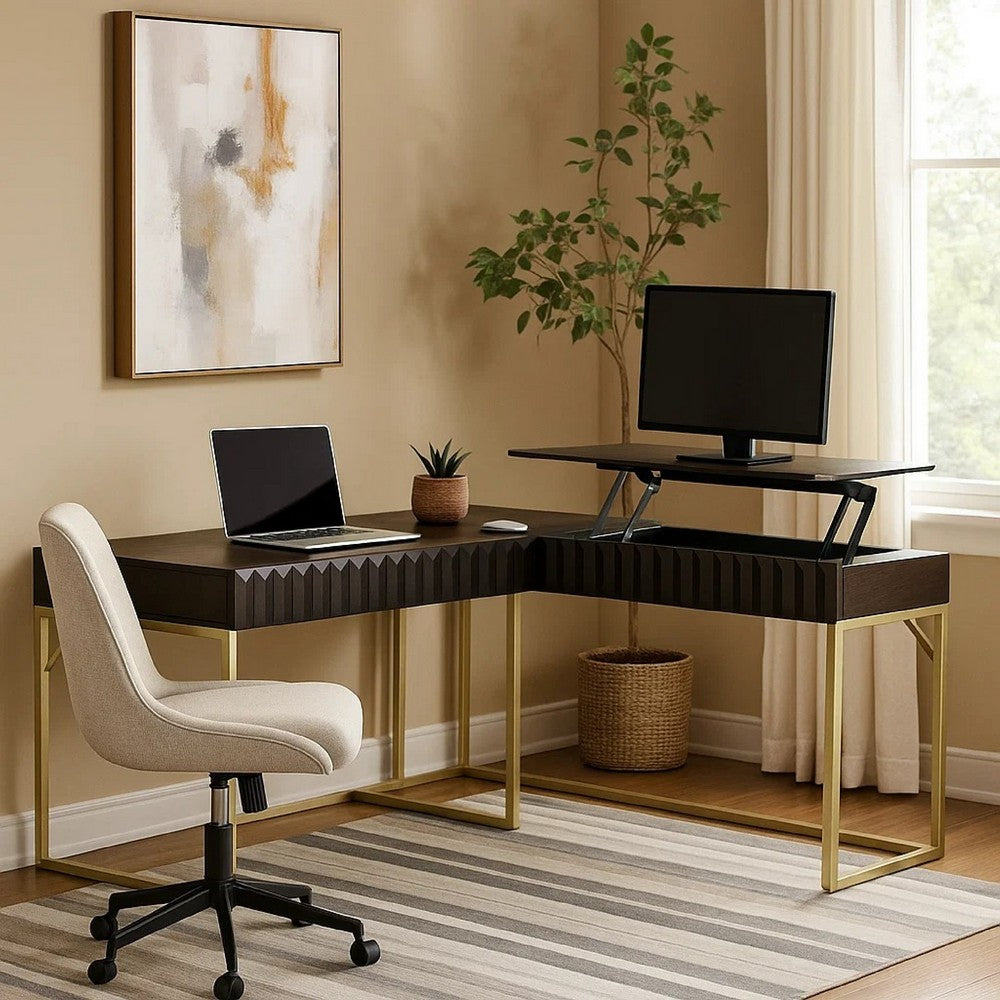 Fredie Corner Desk with Lift-Top USB Port, Gold Frame, Walnut Brown - BM342559
